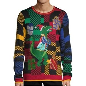 Dinosaur Men’s Christmas Sweater Dancing T-Rex Dino Santa, size Large